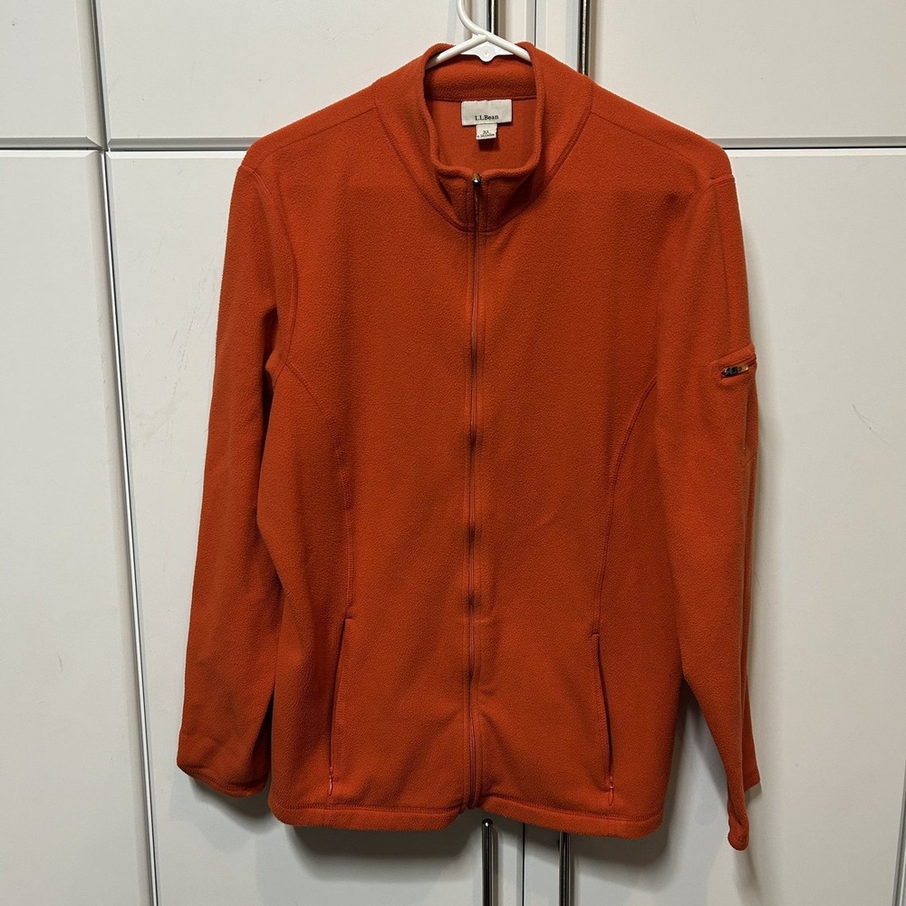 LL Bean Full Zip Fleece Jacket Orange Mock Neck Sleeve Pocket Womens XL Regular